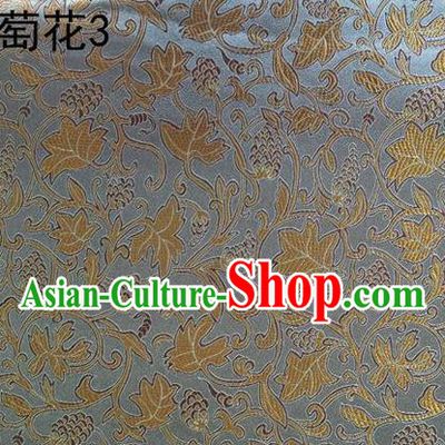 Traditional Asian Chinese Handmade Embroidery Grape Vine Satin Grey Silk Fabric, Top Grade Nanjing Brocade Tang Suit Hanfu Clothing Fabric Cheongsam Cloth Material