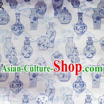 Traditional Asian Chinese Handmade Embroidery Blue Vase Satin Blue Silk Fabric, Top Grade Nanjing Brocade Tang Suit Hanfu Clothing Fabric Cheongsam Cloth Material