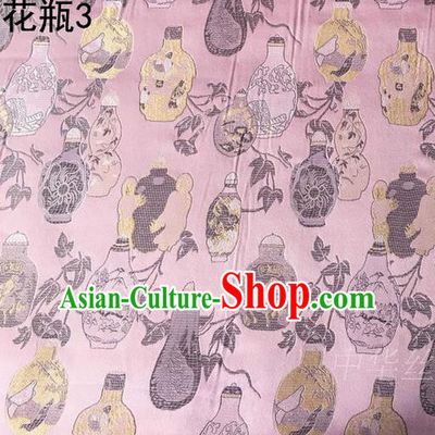 Traditional Asian Chinese Handmade Embroidery Vase Satin Pink Silk Fabric, Top Grade Nanjing Brocade Tang Suit Hanfu Clothing Fabric Cheongsam Cloth Material