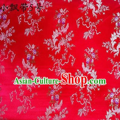Traditional Asian Chinese Handmade Embroidery Flowers Ribbons Satin Red Silk Fabric, Top Grade Nanjing Brocade Tang Suit Hanfu Clothing Fabric Cheongsam Cloth Material