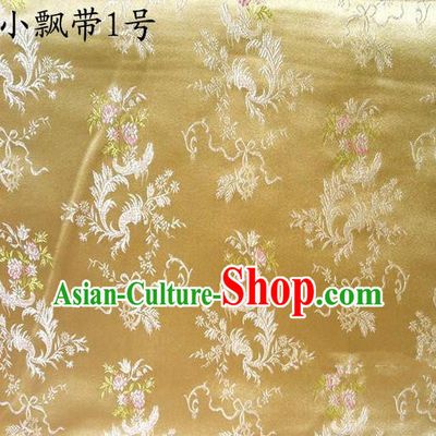 Traditional Asian Chinese Handmade Embroidery Flowers Ribbons Satin Golden Silk Fabric, Top Grade Nanjing Brocade Tang Suit Hanfu Clothing Fabric Cheongsam Cloth Material