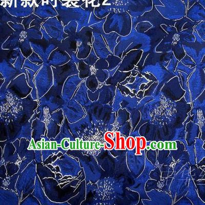 Traditional Asian Chinese Handmade Printing Flowers Satin Royalblue Silk Fabric, Top Grade Nanjing Brocade Tang Suit Hanfu Clothing Fabric Cheongsam Cloth Material