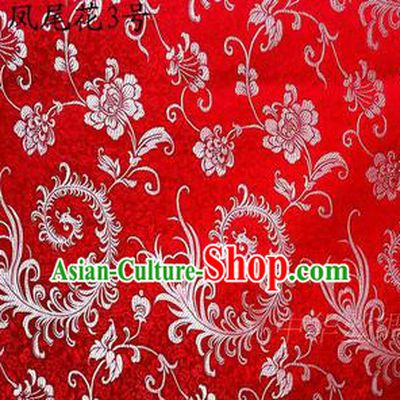 Traditional Asian Chinese Handmade Embroidery Ombre Peony Flowers Satin Red Silk Fabric, Top Grade Nanjing Brocade Tang Suit Hanfu Clothing Fabric Cheongsam Cloth Material