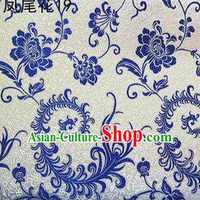 Traditional Asian Chinese Handmade Embroidery Blue Ombre Peony Flowers Satin White Silk Fabric, Top Grade Nanjing Brocade Tang Suit Hanfu Clothing Fabric Cheongsam Cloth Material