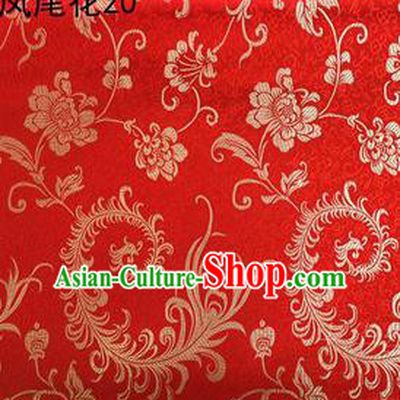 Traditional Asian Chinese Handmade Embroidery Golden Ombre Peony Flowers Satin Red Silk Fabric, Top Grade Nanjing Brocade Tang Suit Hanfu Clothing Fabric Cheongsam Cloth Material