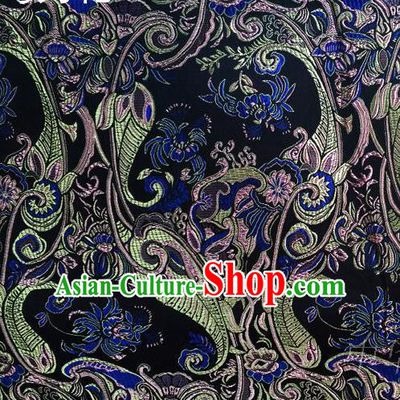 Asian Chinese Traditional Handmade Printing Machetes Flowers Satin Thangka Navy Silk Fabric, Top Grade Nanjing Brocade Tang Suit Hanfu Fabric Cheongsam Cloth Material