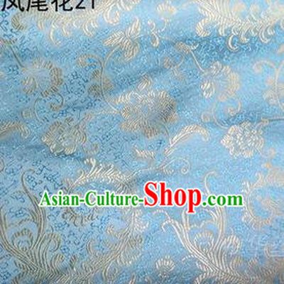 Traditional Asian Chinese Handmade Embroidery Golden Ombre Peony Flowers Satin Blue Silk Fabric, Top Grade Nanjing Brocade Tang Suit Hanfu Clothing Fabric Cheongsam Cloth Material