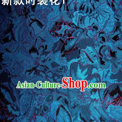 Traditional Asian Chinese Handmade Printing Flowers Satin Blue Silk Fabric, Top Grade Nanjing Brocade Tang Suit Hanfu Clothing Fabric Cheongsam Cloth Material