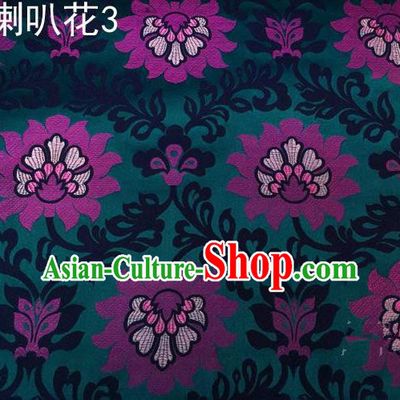 Traditional Asian Chinese Handmade Embroidery Petunia Flowers Satin Deep Green Silk Fabric, Top Grade Nanjing Brocade Tang Suit Hanfu Clothing Fabric Cheongsam Cloth Material