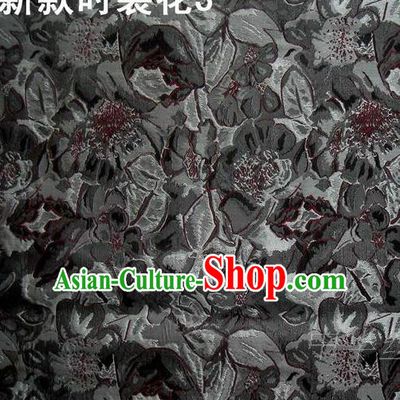 Traditional Asian Chinese Handmade Printing Flowers Satin Black Silk Fabric, Top Grade Nanjing Brocade Tang Suit Hanfu Clothing Fabric Cheongsam Cloth Material