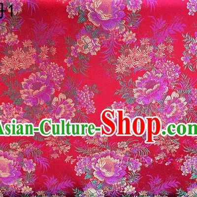 Traditional Asian Chinese Handmade Embroidery Peony Flowers Satin Red Silk Fabric, Top Grade Nanjing Brocade Ancient Costume Tang Suit Hanfu Clothing Fabric Cheongsam Cloth Material