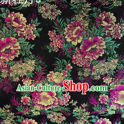 Traditional Asian Chinese Handmade Embroidery Red Peony Flowers Satin Black Silk Fabric, Top Grade Nanjing Brocade Ancient Costume Tang Suit Hanfu Clothing Fabric Cheongsam Cloth Material