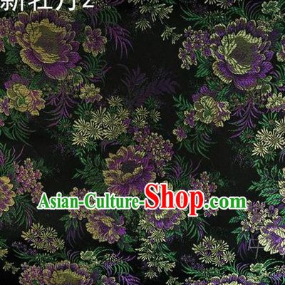 Traditional Asian Chinese Handmade Embroidery Peony Flowers Satin Black Silk Fabric, Top Grade Nanjing Brocade Ancient Costume Tang Suit Hanfu Clothing Fabric Cheongsam Cloth Material