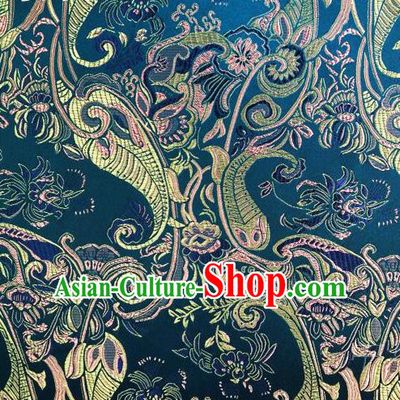 Asian Chinese Traditional Handmade Printing Machetes Flowers Satin Thangka Blue Silk Fabric, Top Grade Nanjing Brocade Tang Suit Hanfu Fabric Cheongsam Cloth Material