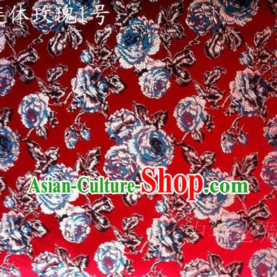 Traditional Asian Chinese Handmade Printing Roses Flowers Satin Red Silk Fabric, Top Grade Nanjing Brocade Tang Suit Hanfu Clothing Fabric Cheongsam Cloth Material