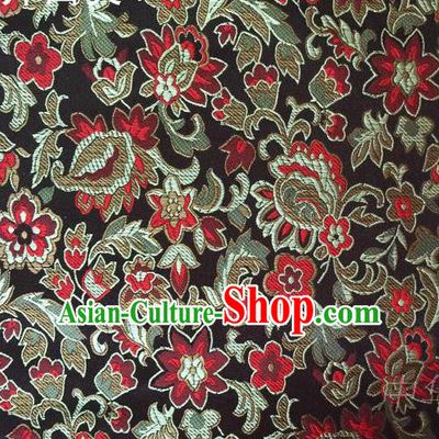 Traditional Asian Chinese Handmade Embroidery Red Flowers Satin Black Silk Fabric, Top Grade Nanjing Brocade Tang Suit Hanfu Wedding Clothing Fabric Cheongsam Cloth Material