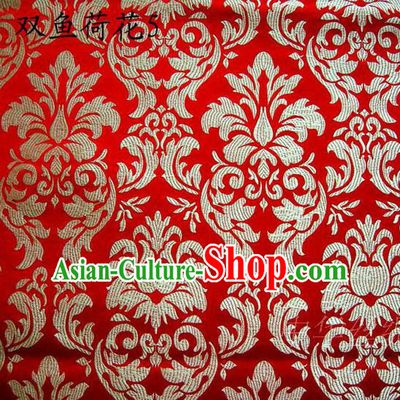 Traditional Asian Chinese Handmade Embroidery Lotus Flowers Fishes Satin Red Silk Fabric, Top Grade Nanjing Brocade Tang Suit Hanfu Wedding Tibetan Clothing Fabric Cheongsam Cloth Material