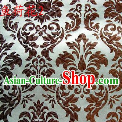 Traditional Asian Chinese Handmade Embroidery Brown Lotus Flowers Fishes Satin Silk Fabric, Top Grade Nanjing Brocade Tang Suit Hanfu Wedding Tibetan Clothing Fabric Cheongsam Cloth Material