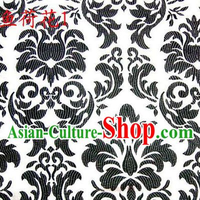 Traditional Asian Chinese Handmade Embroidery Black Lotus Flowers Fishes Satin White Silk Fabric, Top Grade Nanjing Brocade Tang Suit Hanfu Wedding Tibetan Clothing Fabric Cheongsam Cloth Material