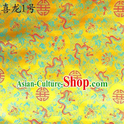 Traditional Asian Chinese Handmade Embroidery Happiness Dragon Satin Golden Silk Fabric, Top Grade Nanjing Brocade Tang Suit Hanfu Tibetan Clothing Fabric Cheongsam Cloth Material