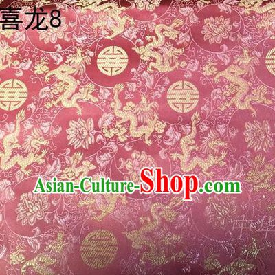Traditional Asian Chinese Handmade Embroidery Happiness Dragon Satin Pink Silk Fabric, Top Grade Nanjing Brocade Tang Suit Hanfu Tibetan Clothing Fabric Cheongsam Cloth Material