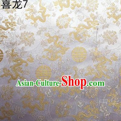 Traditional Asian Chinese Handmade Embroidery Happiness Dragon Satin Sliver Silk Fabric, Top Grade Nanjing Brocade Tang Suit Hanfu Tibetan Clothing Fabric Cheongsam Cloth Material