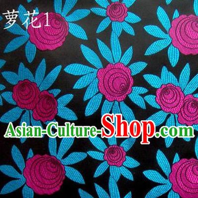 Traditional Asian Chinese Handmade Embroidery Pineapple Flowers Satin Black Silk Fabric, Top Grade Nanjing Brocade Tang Suit Hanfu Tibetan Clothing Fabric Cheongsam Cloth Material