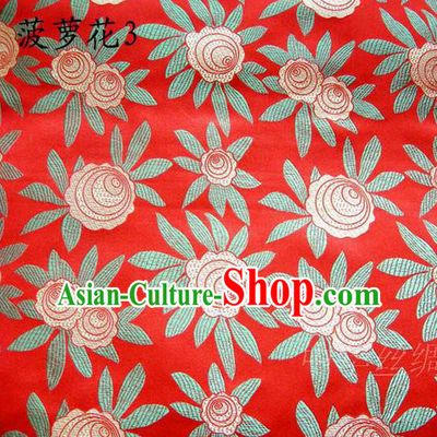 Traditional Asian Chinese Handmade Embroidery Pineapple Flowers Satin Red Silk Fabric, Top Grade Nanjing Brocade Tang Suit Hanfu Tibetan Clothing Fabric Cheongsam Cloth Material