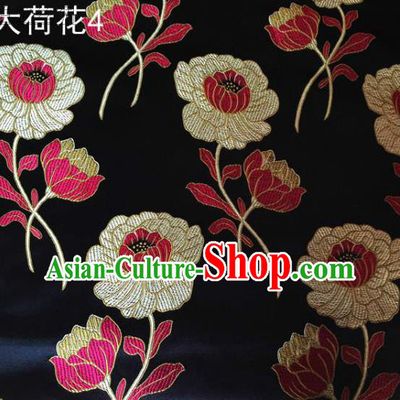 Traditional Asian Chinese Handmade Embroidery Lotus Satin Black Silk Fabric, Top Grade Nanjing Brocade Tang Suit Hanfu Clothing Fabric Cheongsam Cloth Material