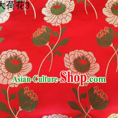 Traditional Asian Chinese Handmade Embroidery Lotus Satin Red Silk Fabric, Top Grade Nanjing Brocade Tang Suit Hanfu Clothing Fabric Cheongsam Cloth Material