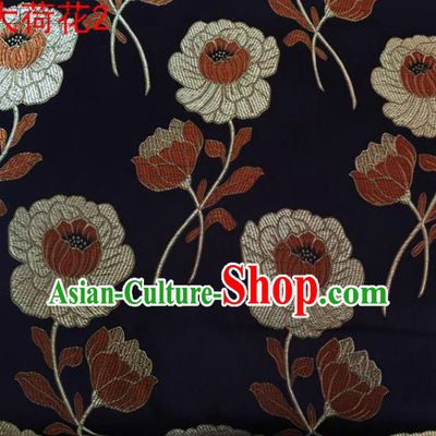 Traditional Asian Chinese Handmade Embroidery Brown Lotus Satin Silk Fabric, Top Grade Nanjing Brocade Tang Suit Hanfu Clothing Fabric Cheongsam Cloth Material
