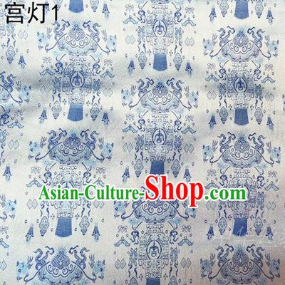 Traditional Asian Chinese Handmade Embroidery Palace Lantern Satin White Silk Fabric, Top Grade Nanjing Brocade Tang Suit Hanfu Clothing Fabric Cheongsam Cloth Material