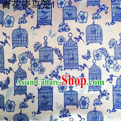 Traditional Asian Chinese Handmade Embroidery Blue Birdcage Satin White Silk Fabric, Top Grade Nanjing Brocade Tang Suit Hanfu Clothing Fabric Cheongsam Cloth Material
