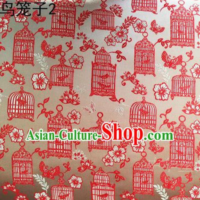 Traditional Asian Chinese Handmade Embroidery Red Birdcage Satin Silk Fabric, Top Grade Nanjing Brocade Tang Suit Hanfu Clothing Fabric Cheongsam Cloth Material