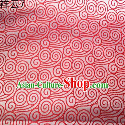 Traditional Asian Chinese Handmade Embroidery Red Auspicious Clouds Satin White Silk Fabric, Top Grade Nanjing Brocade Tang Suit Hanfu Clothing Fabric Cheongsam Cloth Material