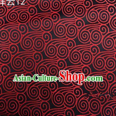 Traditional Asian Chinese Handmade Embroidery Red Auspicious Clouds Satin Black Silk Fabric, Top Grade Nanjing Brocade Tang Suit Hanfu Clothing Fabric Cheongsam Cloth Material