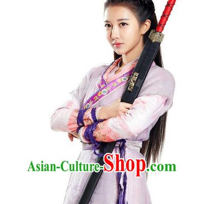 Asian Chinese Traditional Ming Dynasty Chivalrous Woman Costume and Headpiece Complete Set, China Ancient Elegant Hanfu Clothing Swordswoman Embroidered Dress
