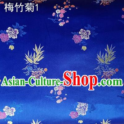 Traditional Asian Chinese Handmade Embroidery Bamboo Chrysanthemum Satin Tang Suit Blue Silk Fabric, Top Grade Nanjing Brocade Ancient Costume Hanfu Clothing Fabric Cheongsam Cloth Material