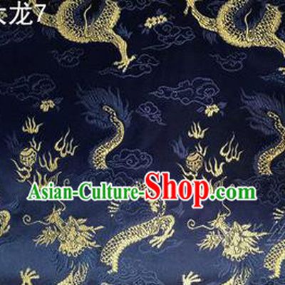 Traditional Asian Chinese Handmade Embroidery Dragons Satin Tang Suit Navy Silk Fabric, Top Grade Nanjing Brocade Ancient Costume Hanfu Clothing Fabric Cheongsam Cloth Material