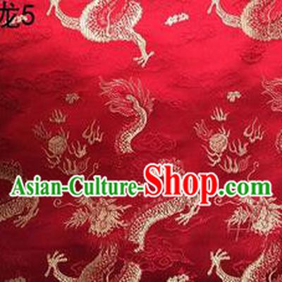 Traditional Asian Chinese Handmade Embroidery Dragons Satin Tang Suit Red Silk Fabric, Top Grade Nanjing Brocade Ancient Costume Hanfu Clothing Fabric Cheongsam Cloth Material