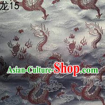 Traditional Asian Chinese Handmade Embroidery Dragons Satin Tang Suit Grey Silk Fabric, Top Grade Nanjing Brocade Ancient Costume Hanfu Clothing Fabric Cheongsam Cloth Material