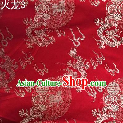 Traditional Asian Chinese Handmade Embroidery Fire Dragons Satin Tang Suit Red Silk Fabric, Top Grade Nanjing Brocade Ancient Costume Hanfu Clothing Fabric Cheongsam Cloth Material