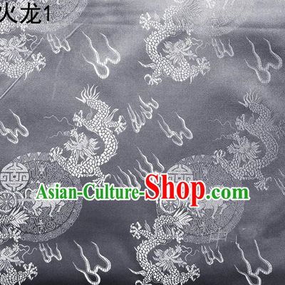 Traditional Asian Chinese Handmade Embroidery Fire Dragons Satin Tang Suit Grey Silk Fabric, Top Grade Nanjing Brocade Ancient Costume Hanfu Clothing Fabric Cheongsam Cloth Material