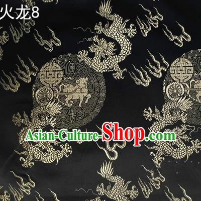 Traditional Asian Chinese Handmade Embroidery Fire Dragons Satin Tang Suit Black Silk Fabric, Top Grade Nanjing Brocade Ancient Costume Hanfu Clothing Fabric Cheongsam Cloth Material