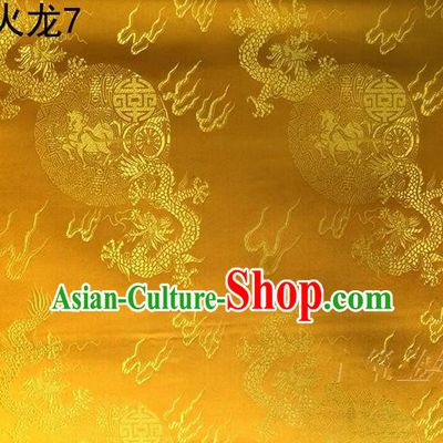 Traditional Asian Chinese Handmade Embroidery Fire Dragons Satin Tang Suit Golden Silk Fabric, Top Grade Nanjing Brocade Ancient Costume Hanfu Clothing Fabric Cheongsam Cloth Material