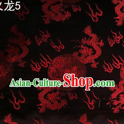 Traditional Asian Chinese Handmade Embroidery Red Fire Dragons Satin Tang Suit Black Silk Fabric, Top Grade Nanjing Brocade Ancient Costume Hanfu Clothing Fabric Cheongsam Cloth Material