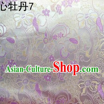 Traditional Asian Chinese Handmade Embroidery Peony Flowers Satin Tang Suit White Silk Fabric, Top Grade Nanjing Brocade Ancient Costume Hanfu Clothing Fabric Cheongsam Cloth Material