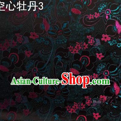 Traditional Asian Chinese Handmade Embroidery Peony Flowers Satin Tang Suit Black Silk Fabric, Top Grade Nanjing Brocade Ancient Costume Hanfu Clothing Fabric Cheongsam Cloth Material