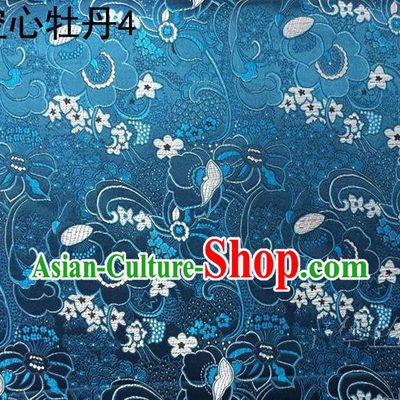 Traditional Asian Chinese Handmade Embroidery Peony Flowers Satin Tang Suit Blue Silk Fabric, Top Grade Nanjing Brocade Ancient Costume Hanfu Clothing Fabric Cheongsam Cloth Material