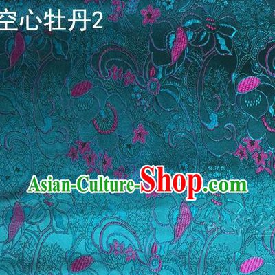 Traditional Asian Chinese Handmade Embroidery Peony Flowers Satin Tang Suit Peacock Blue Silk Fabric, Top Grade Nanjing Brocade Ancient Costume Hanfu Clothing Fabric Cheongsam Cloth Material